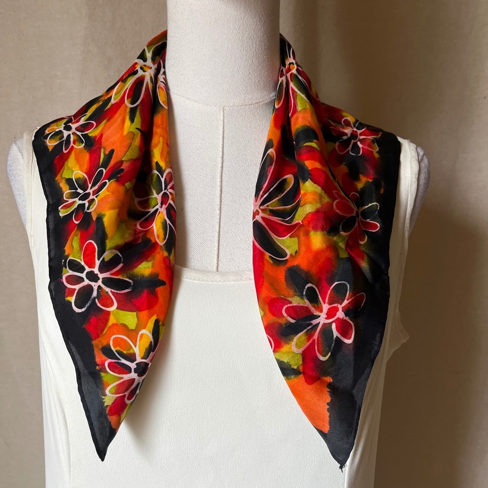 Hand Painted Silk Scarf Floral Abstract Signed Barb Marla 20x21
